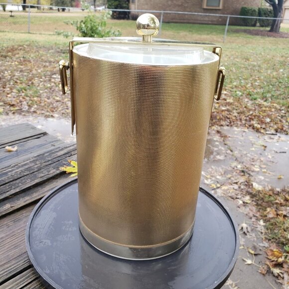 MCM Vintage George Briard Gold 11" Champagne Ice Bucket Metal Handle Lucite Lid - Picture 4 of 16